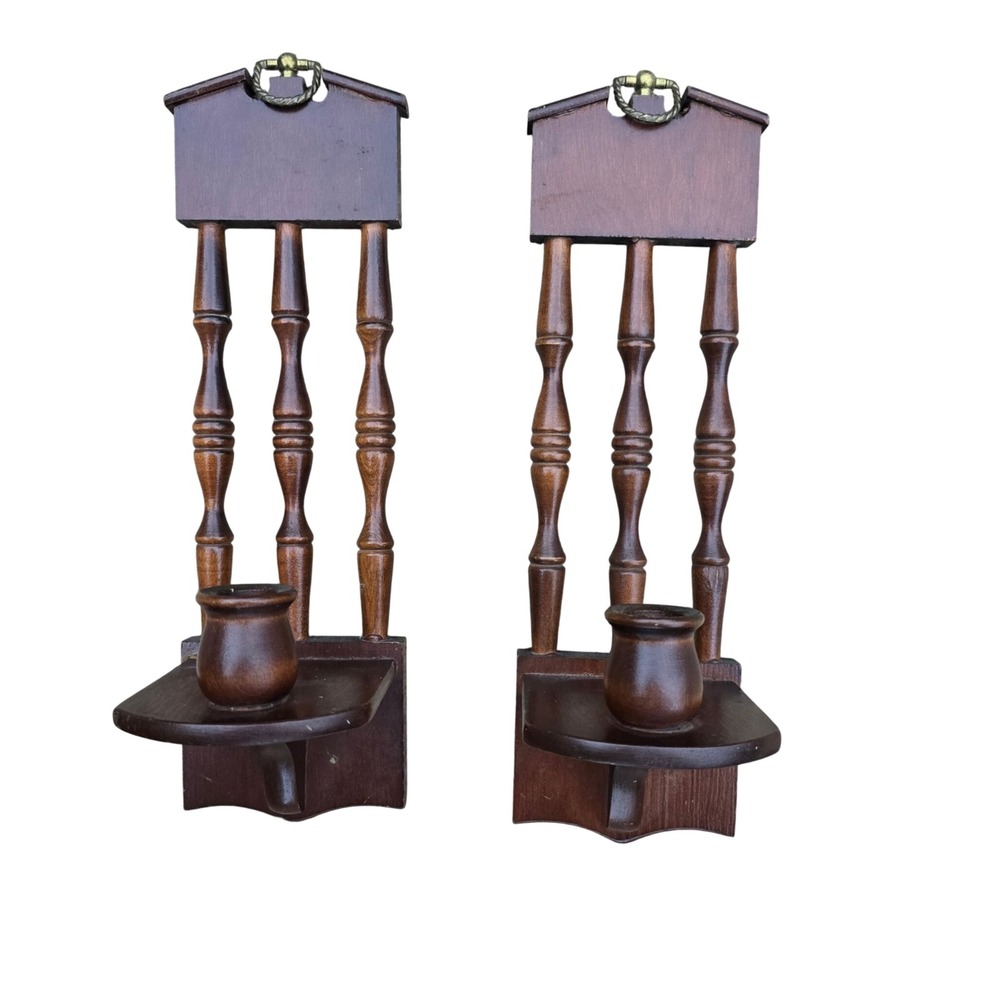 Vintage Wooden Wall Sconce Pair Spindle Candle Holder Set Cottagecore Decor